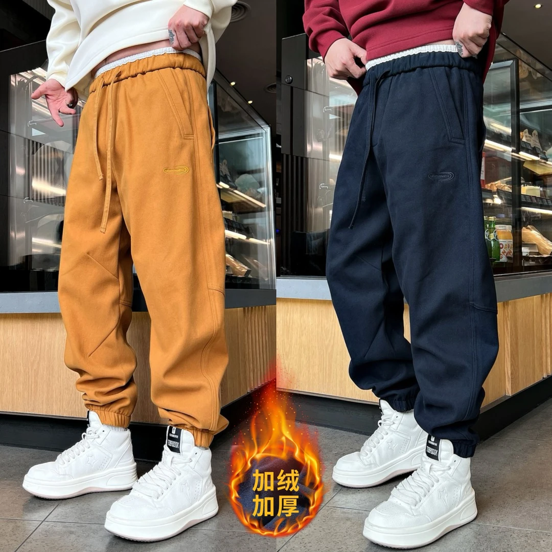DB 男装冬季新款加绒加厚纯色休闲裤男简约百搭洋气长裤-26005