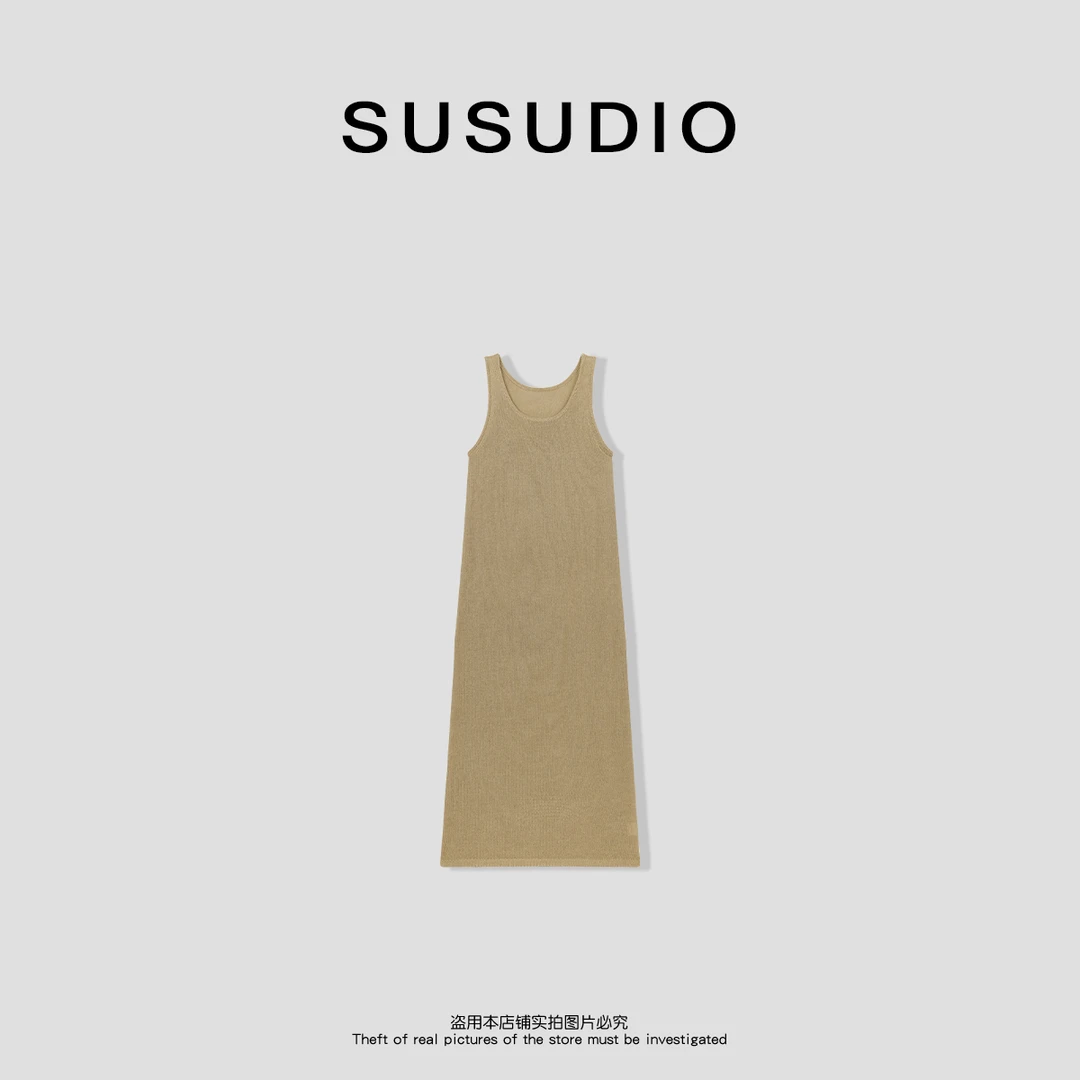 SUSUDIO 莱赛尔亚麻 夏季时髦百搭锁骨领无袖收腰显瘦连衣裙40391