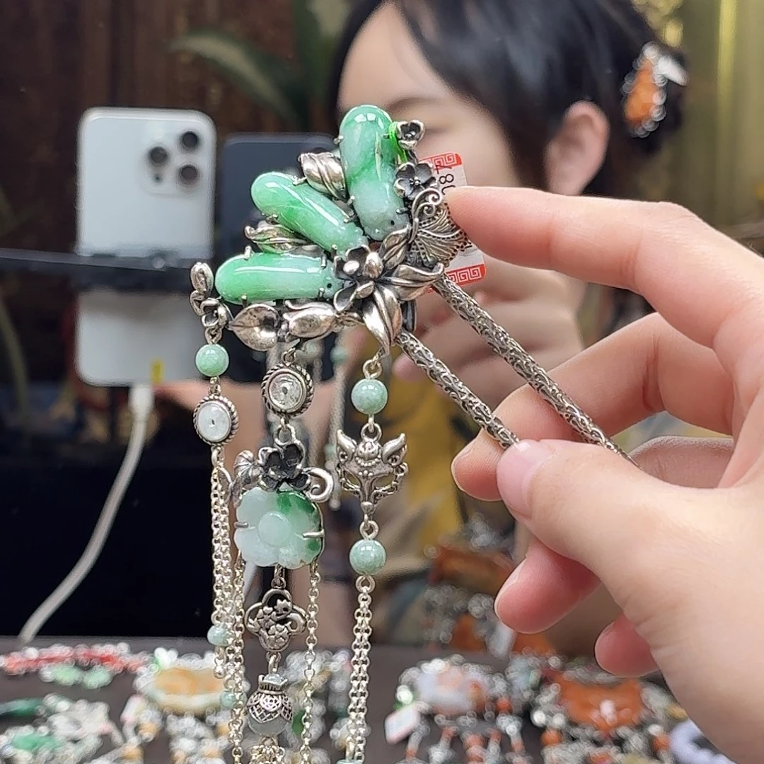 翡翠银S925镶嵌发饰翡翠发簪