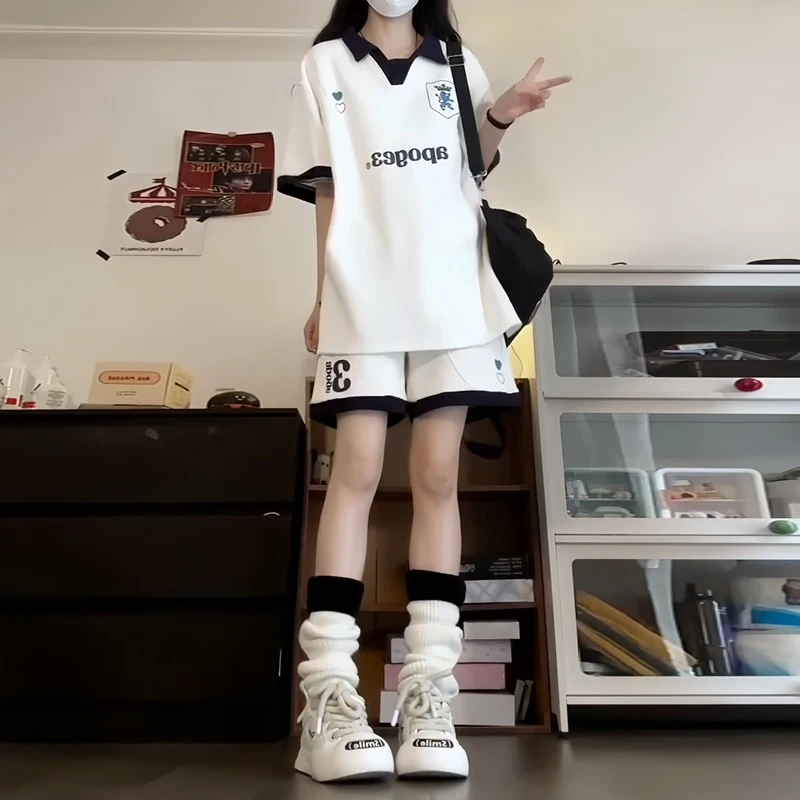 女童运动休闲套装夏季2025新款大儿童夏装学院风POLO衫短裤两件套