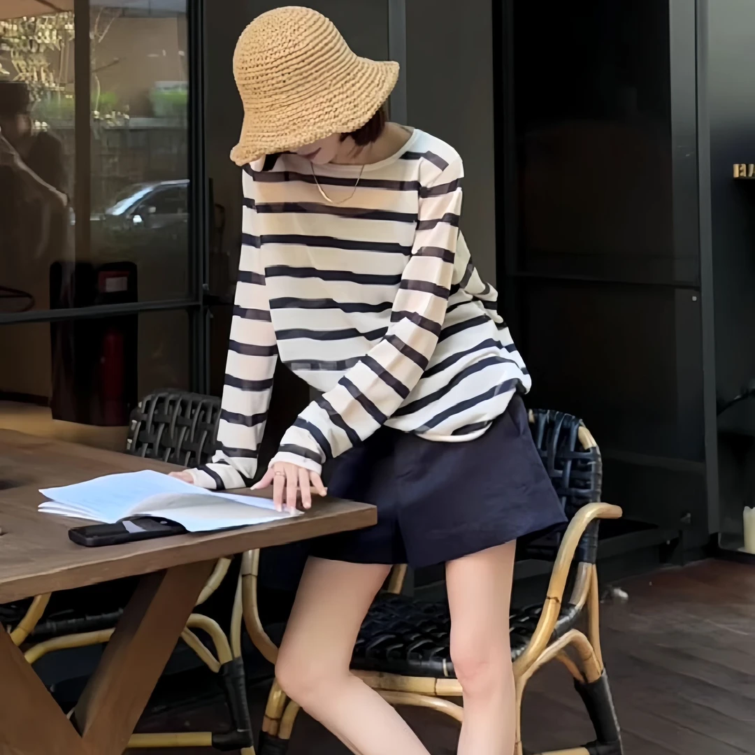 2025夏季女装条纹防晒针织衫罩衫独特漂亮小衫薄款小外搭法式上衣