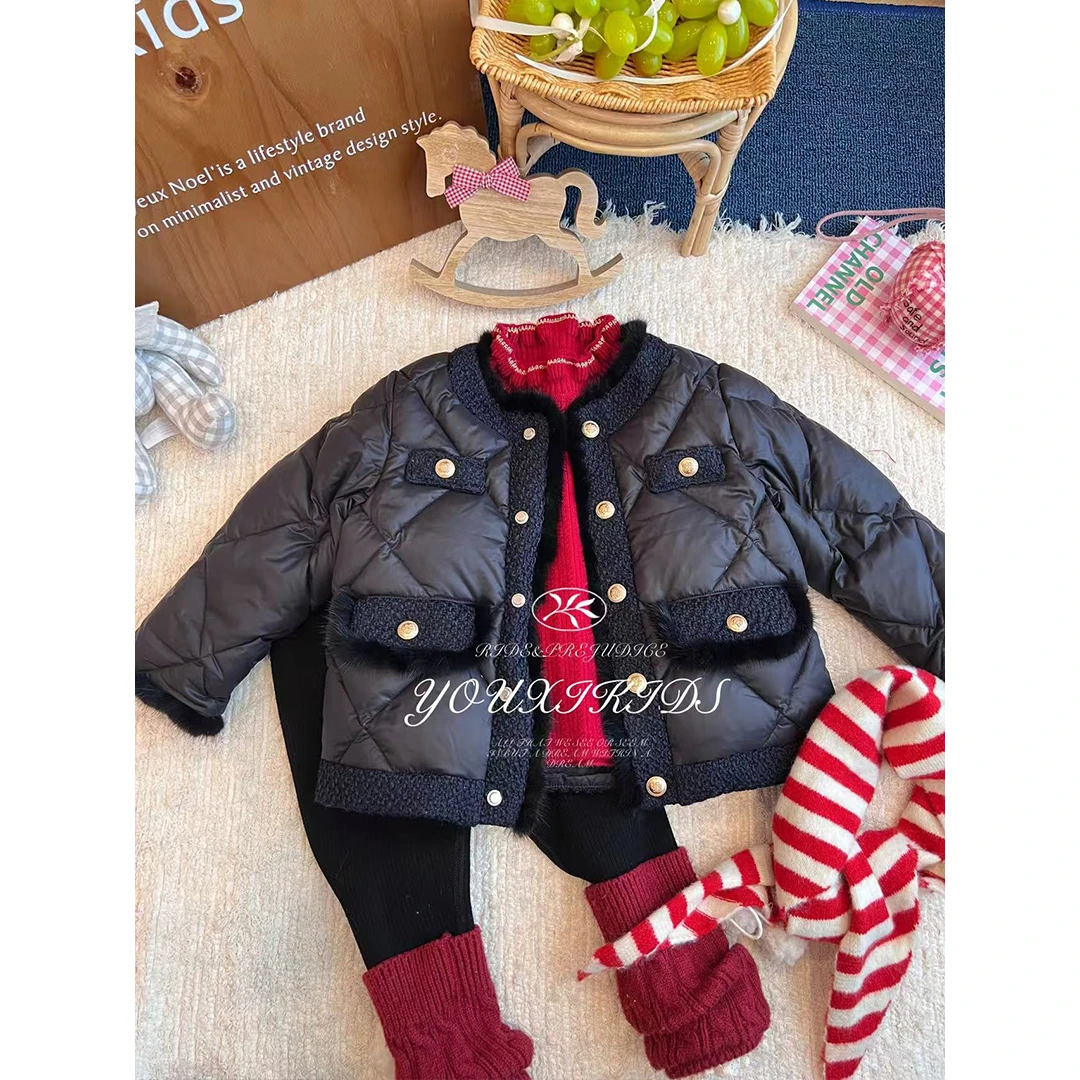 现飞飞家赫本黑25冬新亲子洋气小香风高级感保暖加厚鸭绒服FF2919