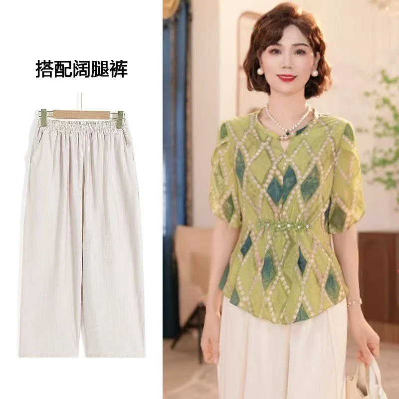 9517-母亲节妈妈夏装印花t恤衬衫套装女装洋气小衫上衣服两件套