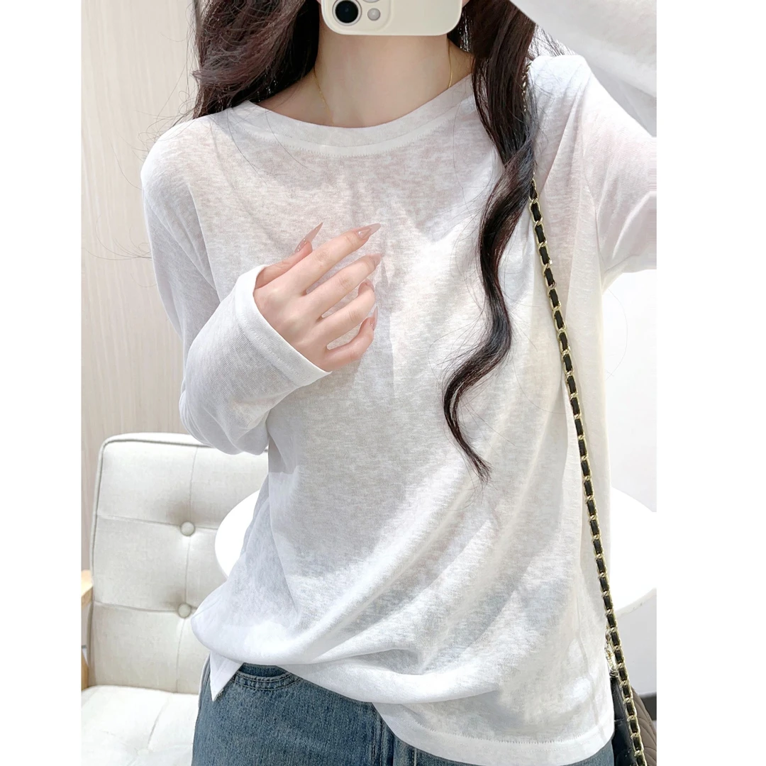 高品质宽松长袖T恤棉麻雪花棉春秋冬女新款正肩休闲内搭上衣打底
