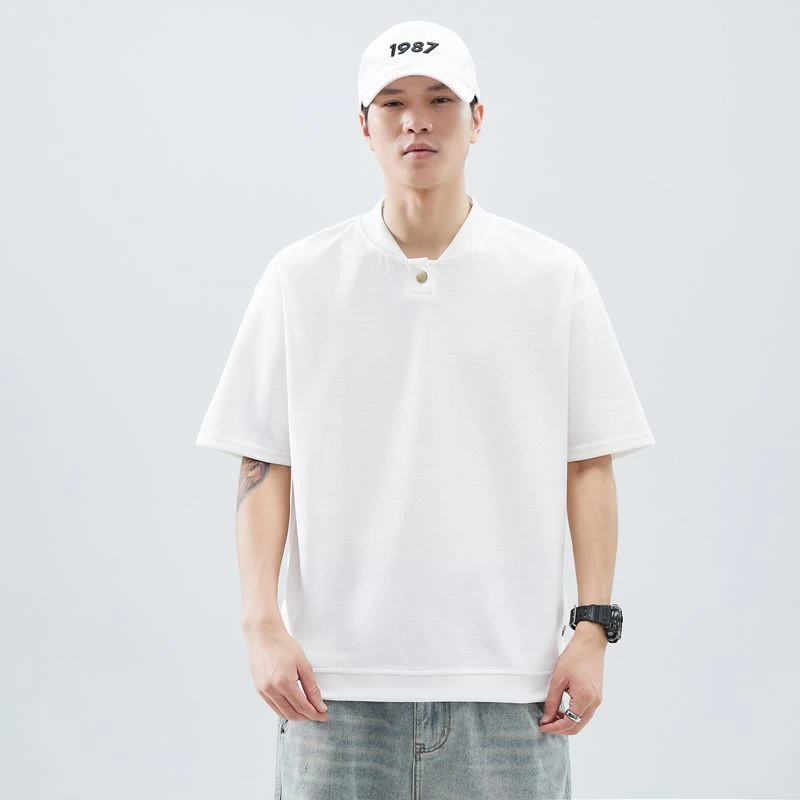 夏季短袖T恤亲肤短袖t恤上衣翻领日系宽松复古纯色