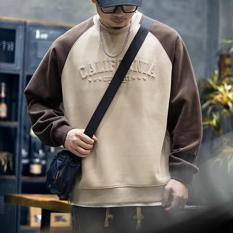 EGMO美式钢印撞色卫衣男春季新款潮牌宽松复古圆领休闲男士上衣潮