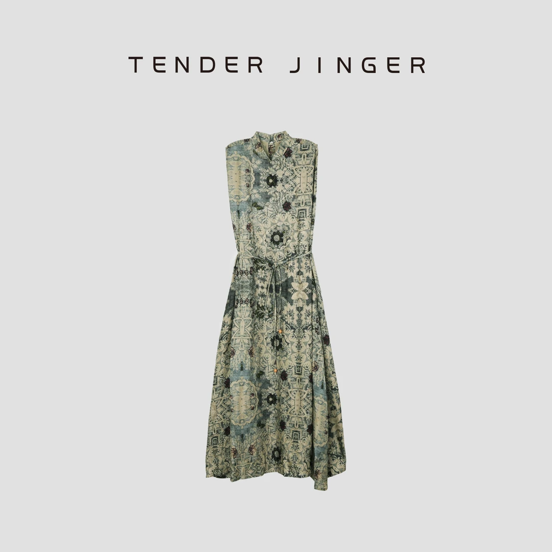 Tender Jinger【疯狂星期三】百搭印花绑带无袖连衣裙T52YMS30736