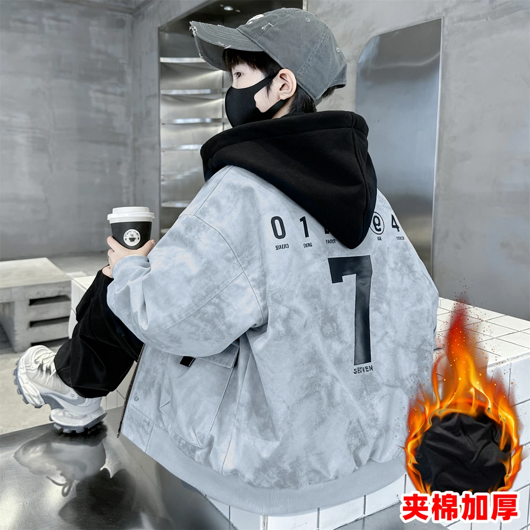 儿童装男童外套秋冬款夹棉加厚2025新款冬中大童男孩秋装连帽棉服