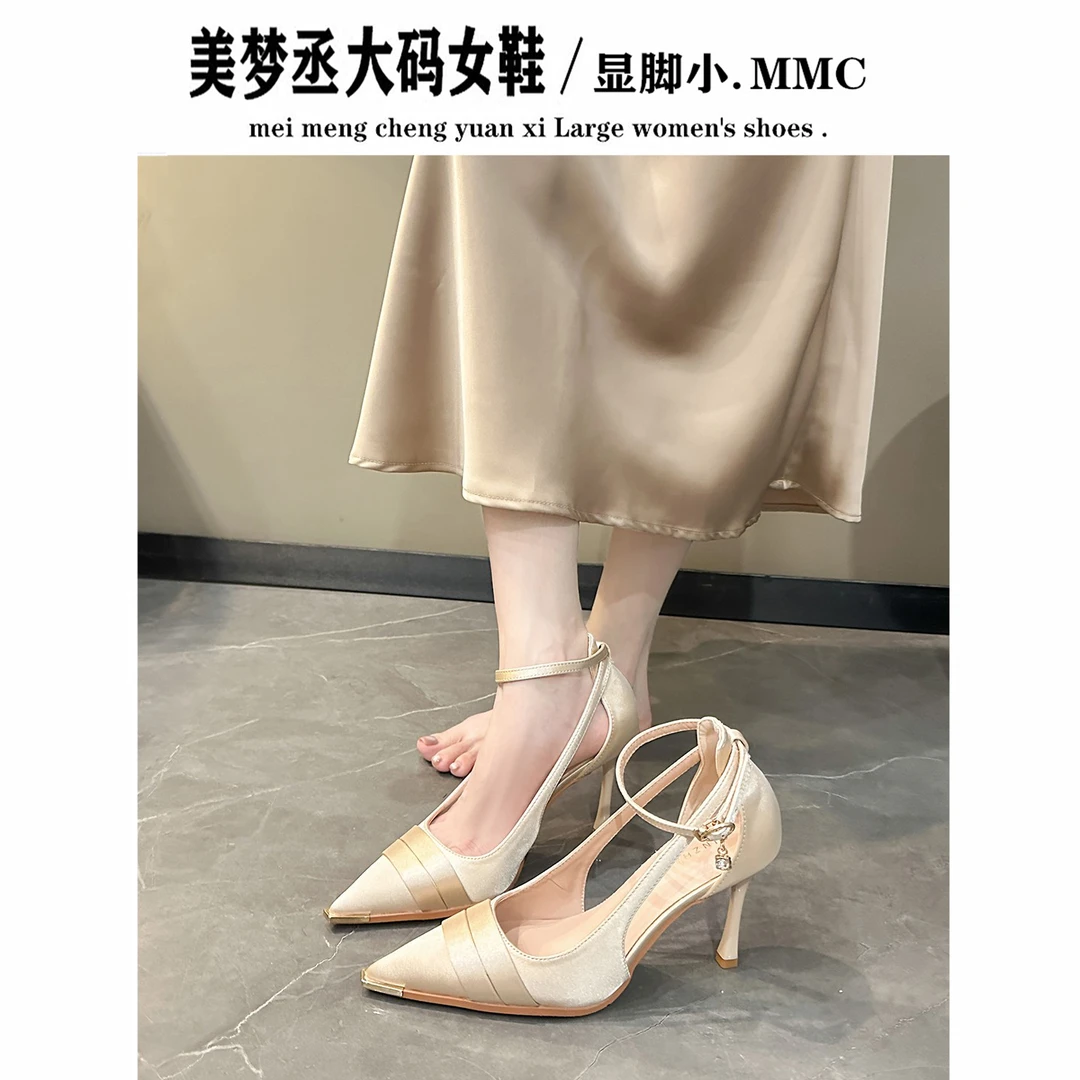 法式细跟高跟鞋镂空通勤百搭职业工作鞋一字带单鞋脚肥脚宽大码鞋