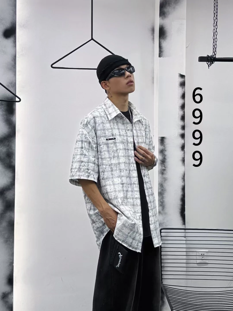 日系潮流复古少年感夏季格纹短袖防晒休闲宽松条纹衬衣男士衬衫