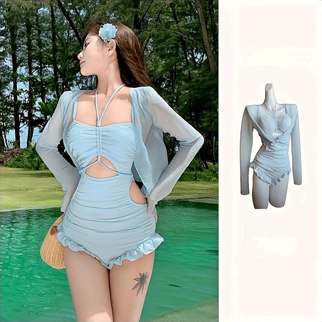 【云汐】泳衣女夏季新款清新蓝镂空薄纱保守连体度假泳装