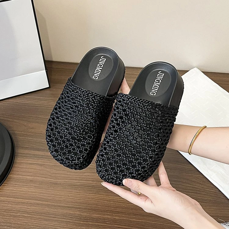 网面透气包头拖鞋女外穿厚底镂空凉拖2025年夏季新款一脚蹬懒人鞋