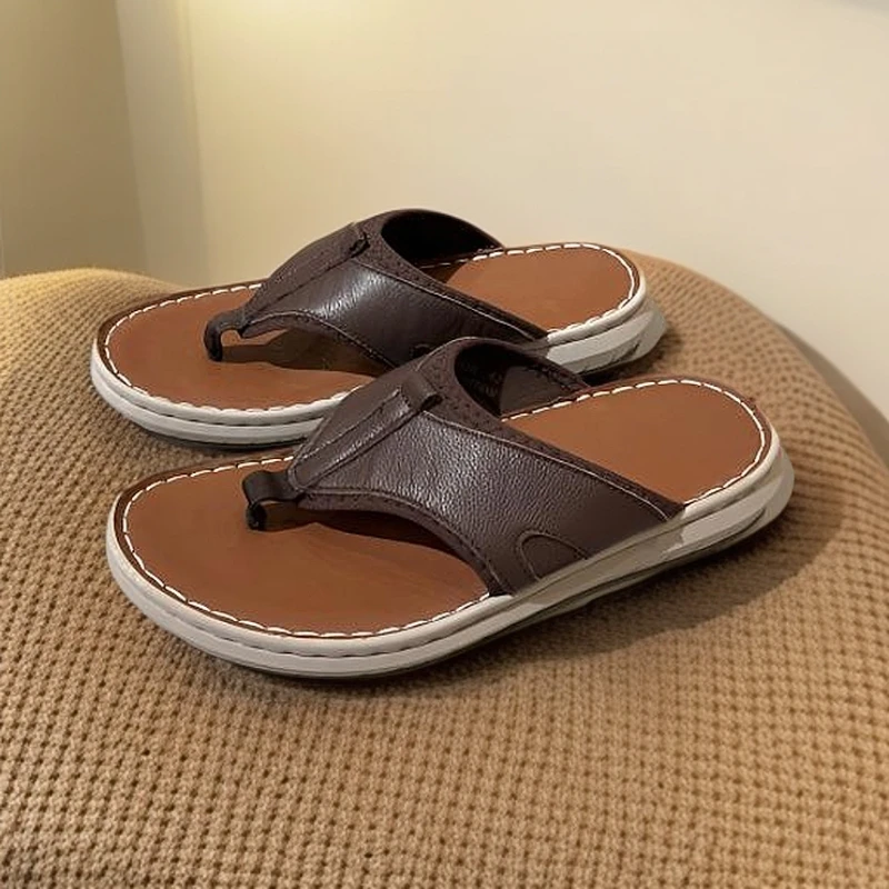 男鞋真皮拖鞋人字拖百搭人字拖轻便潮流厚底防滑纯色夏季平跟休闲