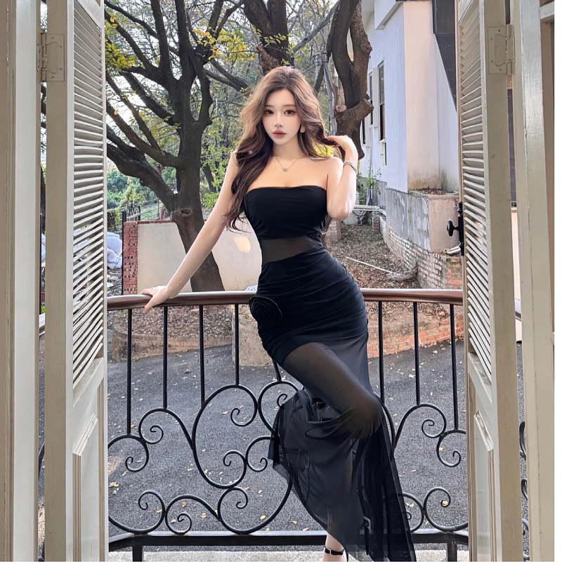 纯欲度假风出游bi备飘逸抹胸裙女收腰网纱长裙辣妹包臀连衣裙显瘦