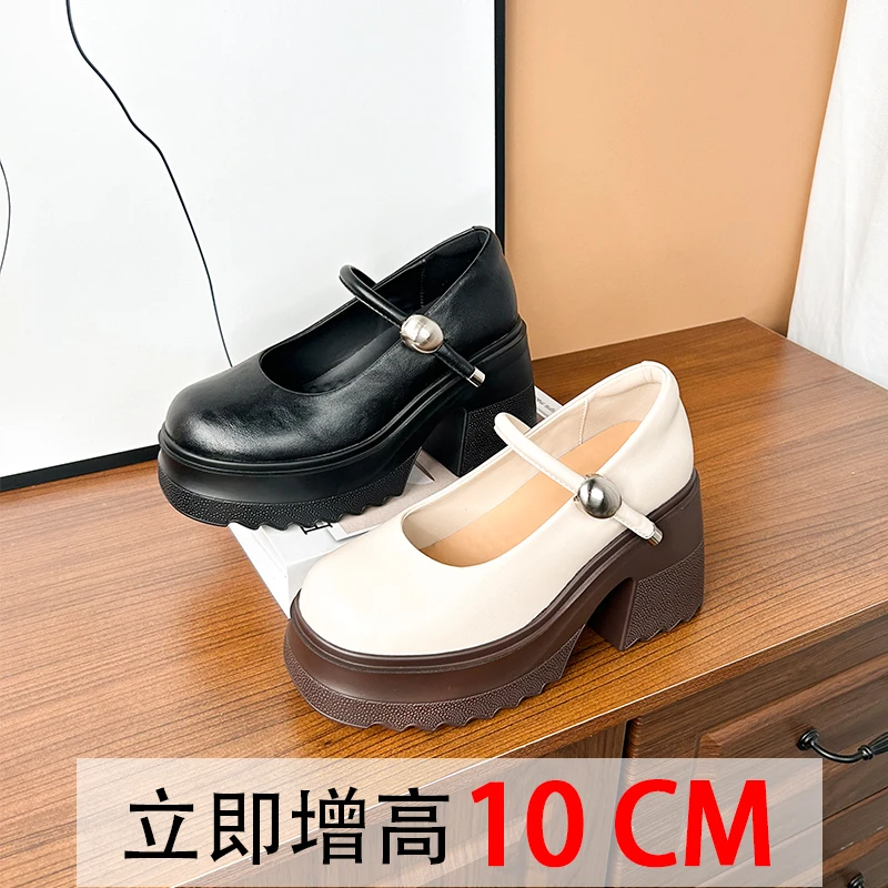 10cm粗跟玛丽珍女鞋浅口百搭真皮厚底高跟春秋英伦风一脚蹬单鞋