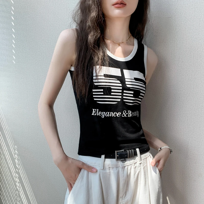 运动风字母背心女内搭2025春季新款修身显瘦小众拼色坎肩无袖上衣