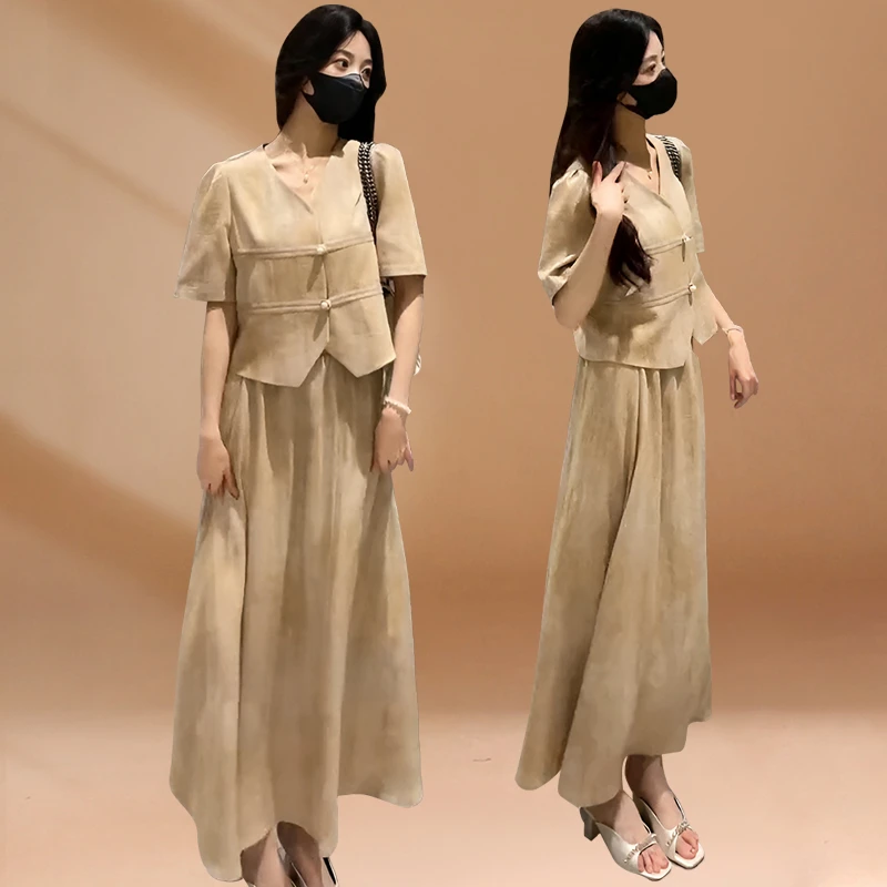 新中式国风套装时尚V领短袖上衣女2025夏季高腰减龄半身裙两件套