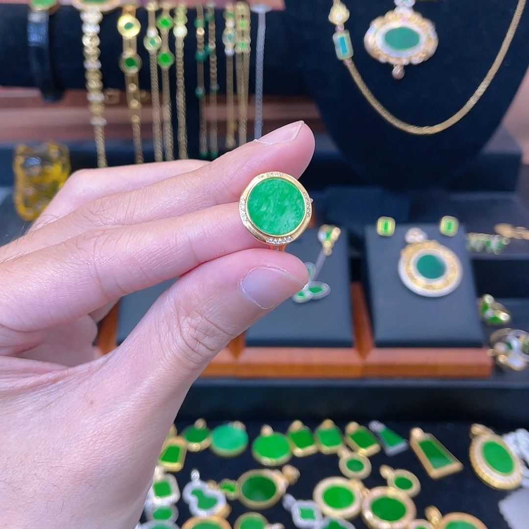 翡翠银S925镀金镶嵌戒指