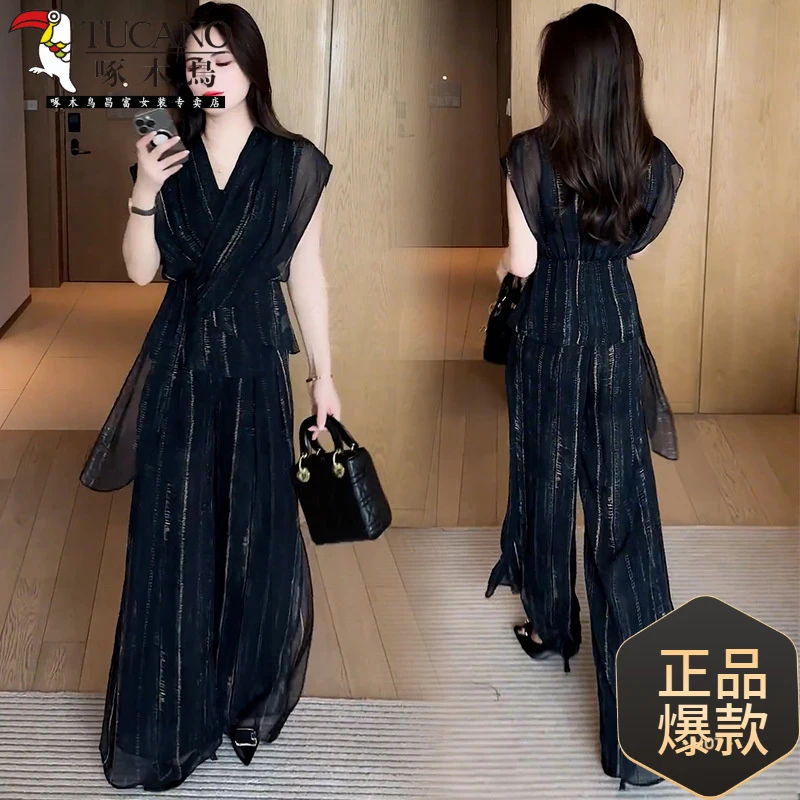 啄木鳥时尚雪纺套装女夏季穿搭一整套新款收腰条纹上衣阔腿裤气质