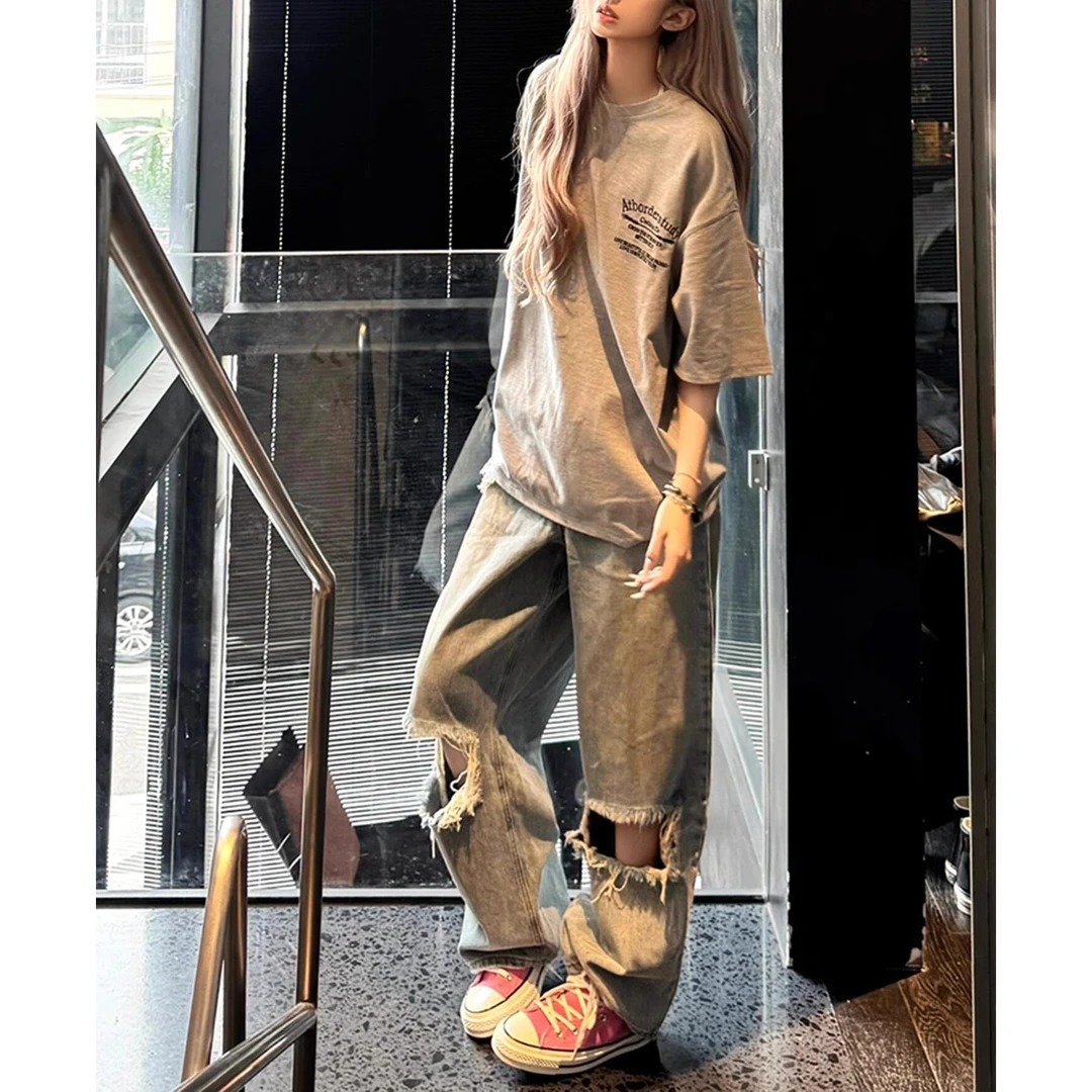 2025夏季新款美式复古破洞牛仔裤女高腰显示直筒梧桐阔腿拖地裤子