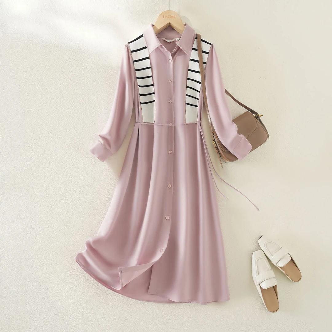 【直播】2025秋季条纹简约设计感宽松衬衫式连衣裙0014
