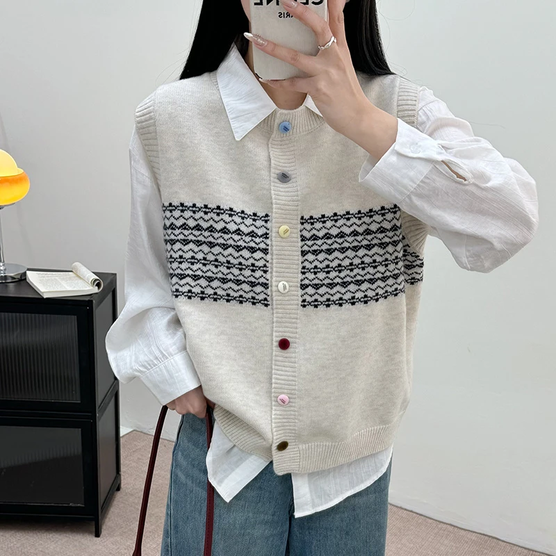 宽松法式马夹外搭提花拼接纯色上衣复古设计感圆领马甲