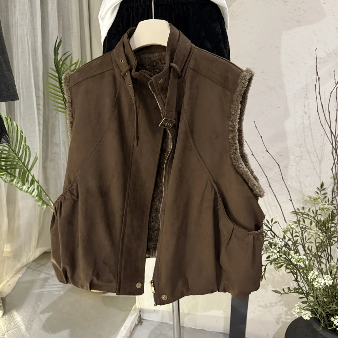 冬上新韩系麂皮绒内里加厚羊羔毛马甲(配新款时尚洋气百搭女装