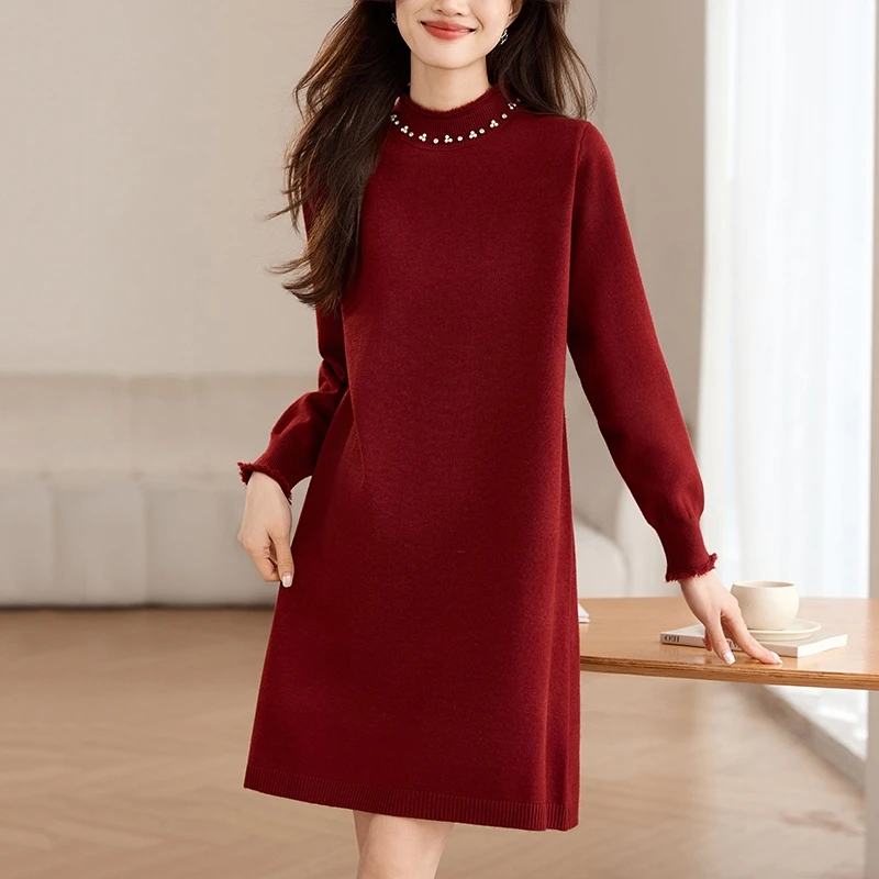 洋气大码女装中长款内搭针织连衣裙新款胖妈妈宽松显瘦打底毛衣裙