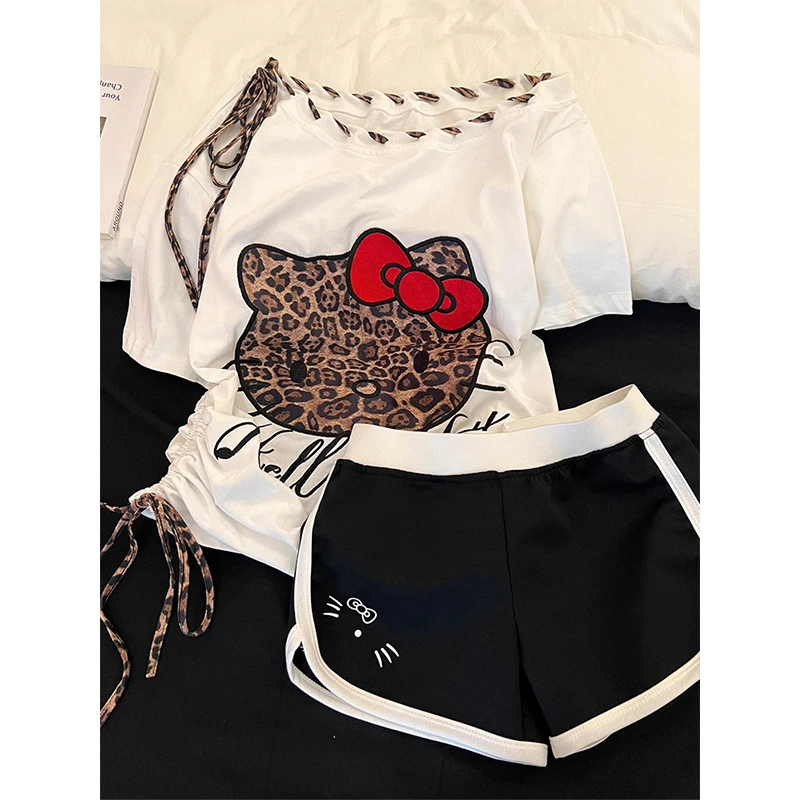 【豹纹kitty】韩系甜美性感睡衣T恤女夏季新款短裤家居服套装可外穿
