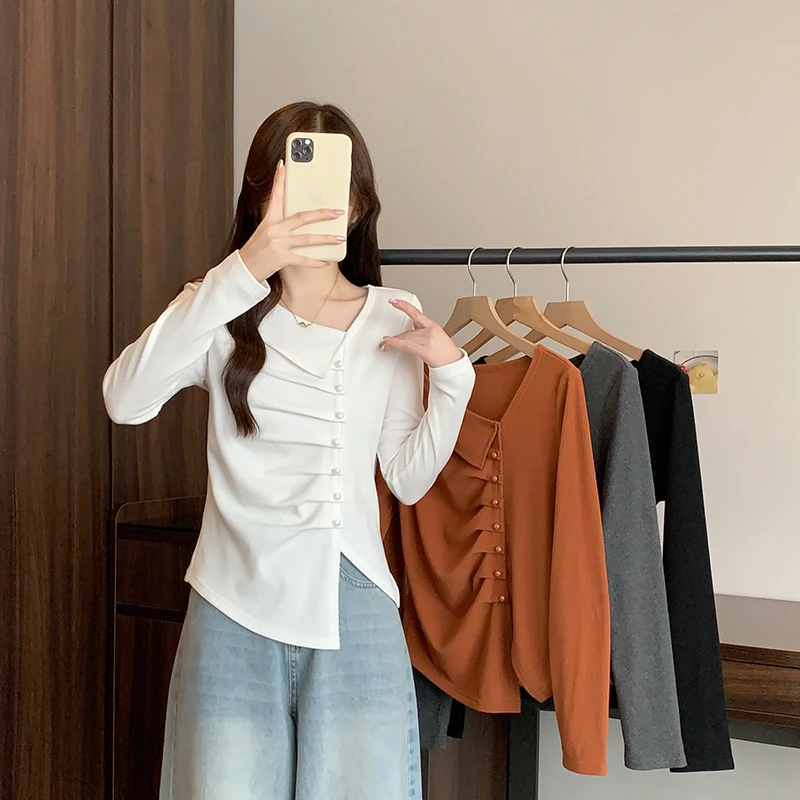 2025秋装新款胖mm大码女时尚设计感斜领不规则显瘦长袖上衣