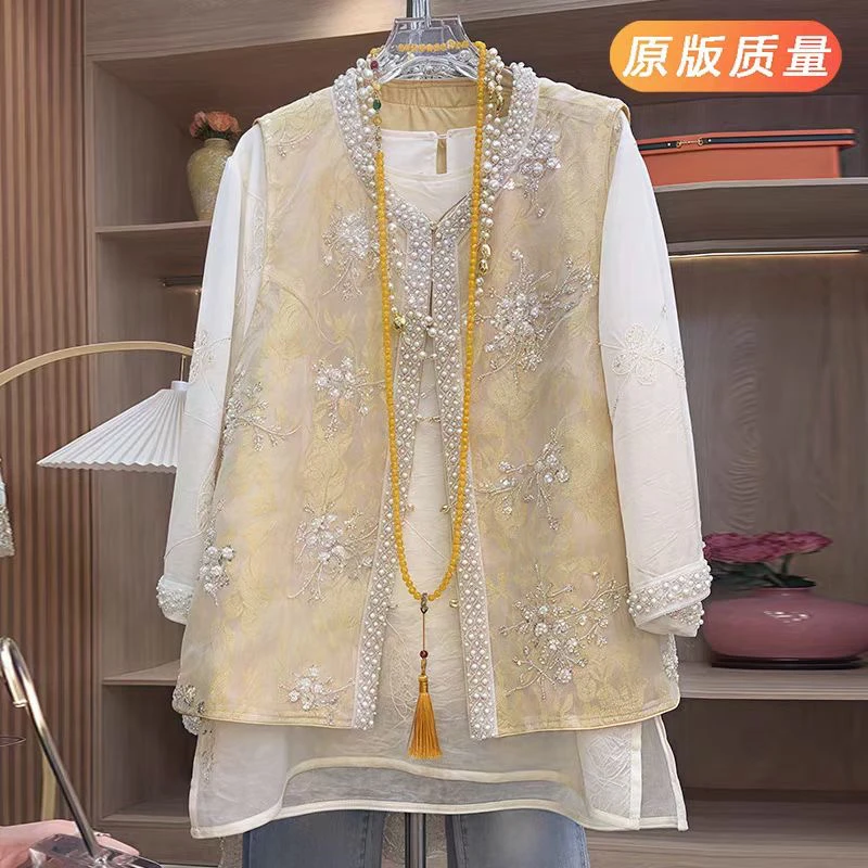 重工刺绣钉珠马甲➕刺绣七分袖刺绣钉珠打底衫显瘦遮肉两件套