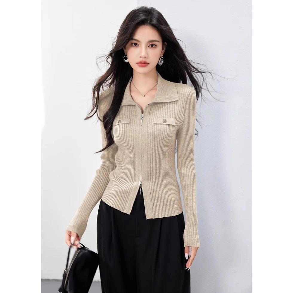 韩版双头拉链设计感针织衫上衣女秋季新款简约时尚洋气小香风毛衣
