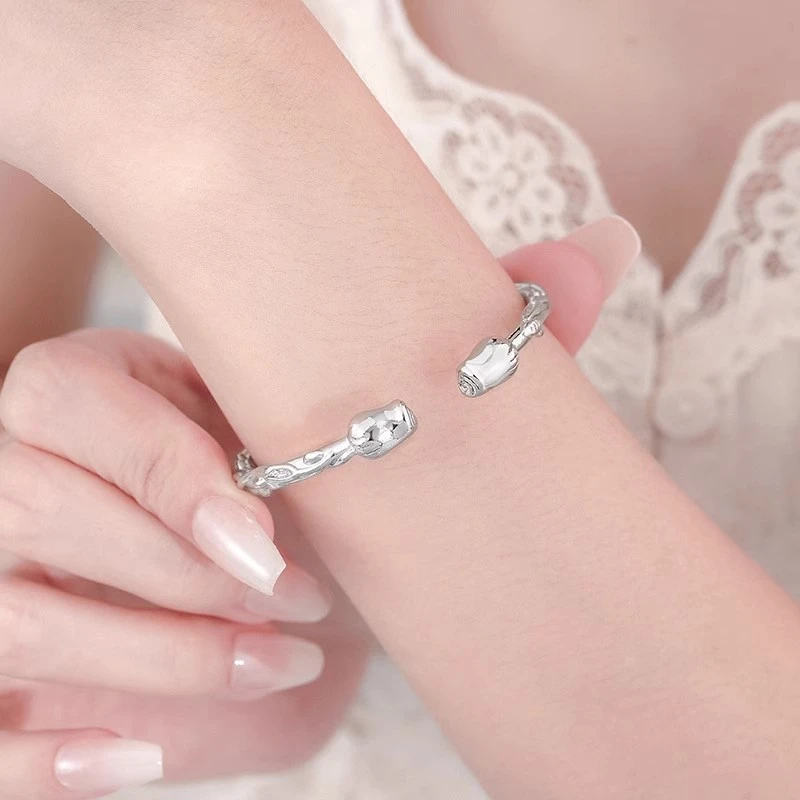 足银手镯 玫瑰花手镯女足银999小众设计轻奢精致新款高级感送女友