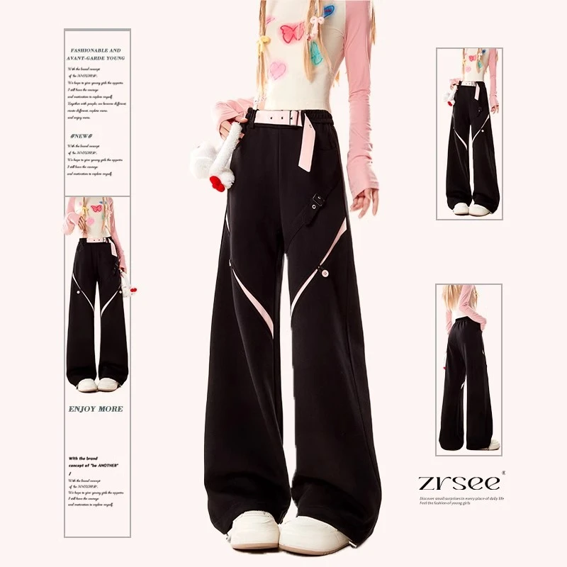 自然涩美式复古撞色工装裤女早春新款直筒休闲宽松阔腿百搭裤子