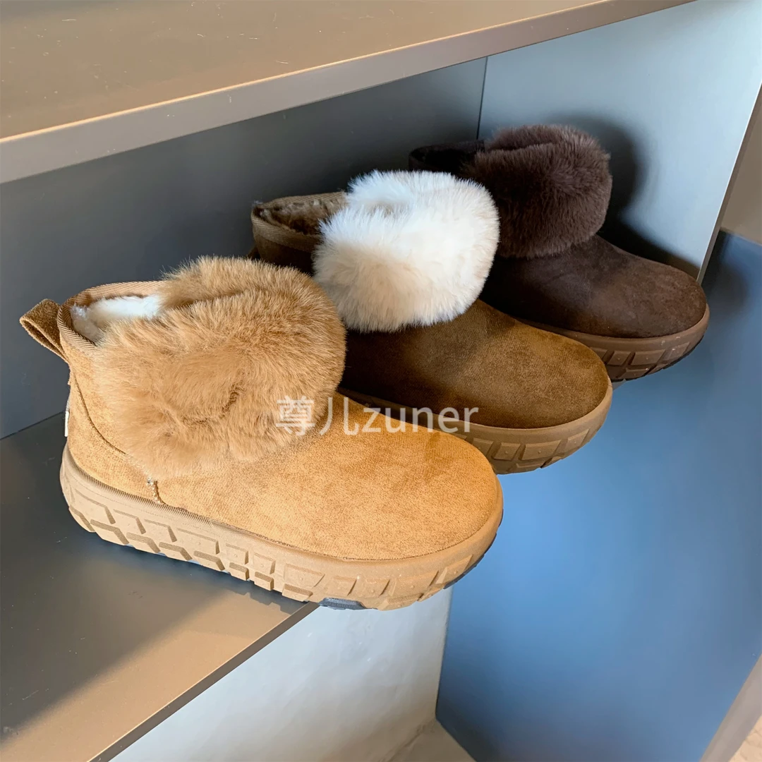 尊儿2024年秋冬新款加绒加厚时尚百搭保暖冬季短筒厚底短毛雪地棉