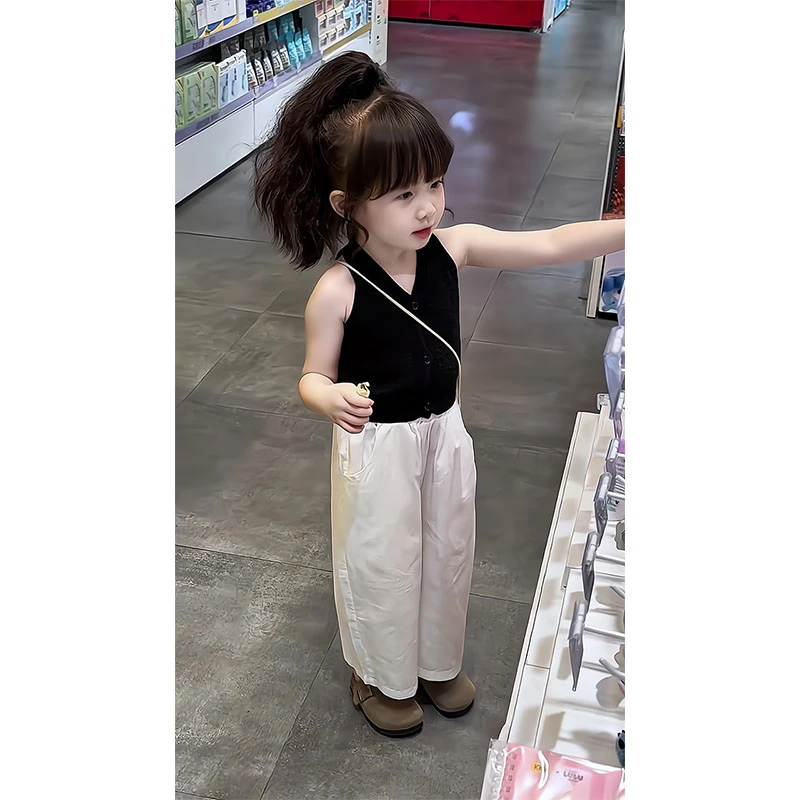 2025夏季薄款韩国女童纯色冰丝背心+白色阔腿裤套装韩范夏天衣服