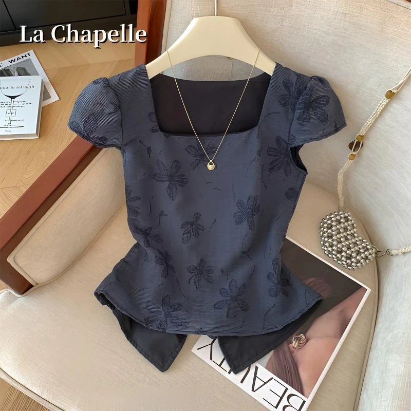 拉夏贝尔法式碎花方领显瘦短袖衬衫女夏季新款设计感绑带收腰上衣