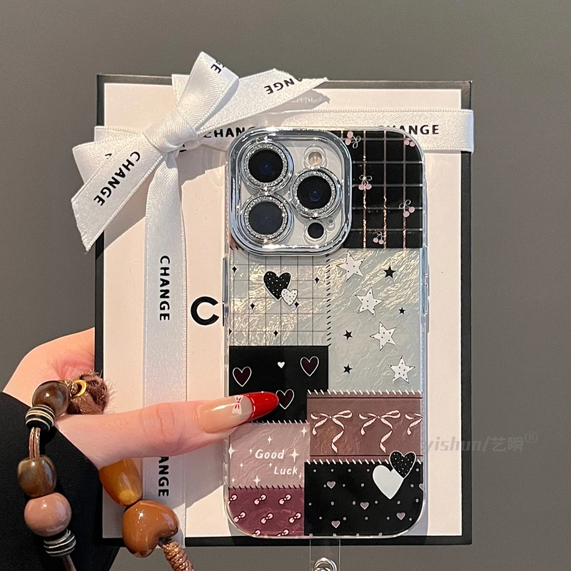 韩系冷淡风爱心蝴蝶结拼适用苹果16ProMax手机壳新款iPhone15pro