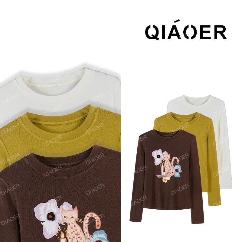 乔儿定制【招财花猫】羊绒时尚百搭长袖卫衣女重工钉珠打底上衣T恤