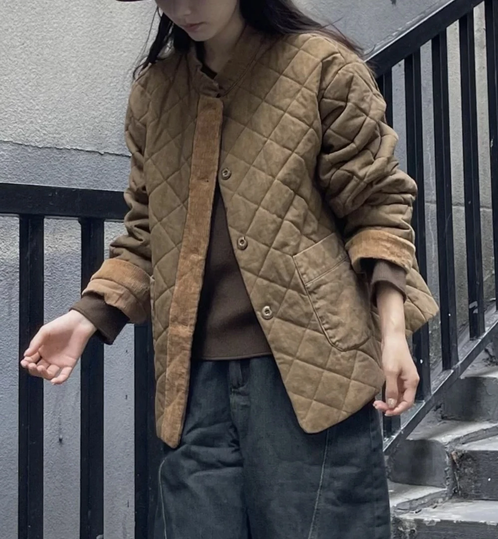 亚麻棉服外套休闲保暖时尚加厚女士冬季复古宽松菱格秋冬文艺短款