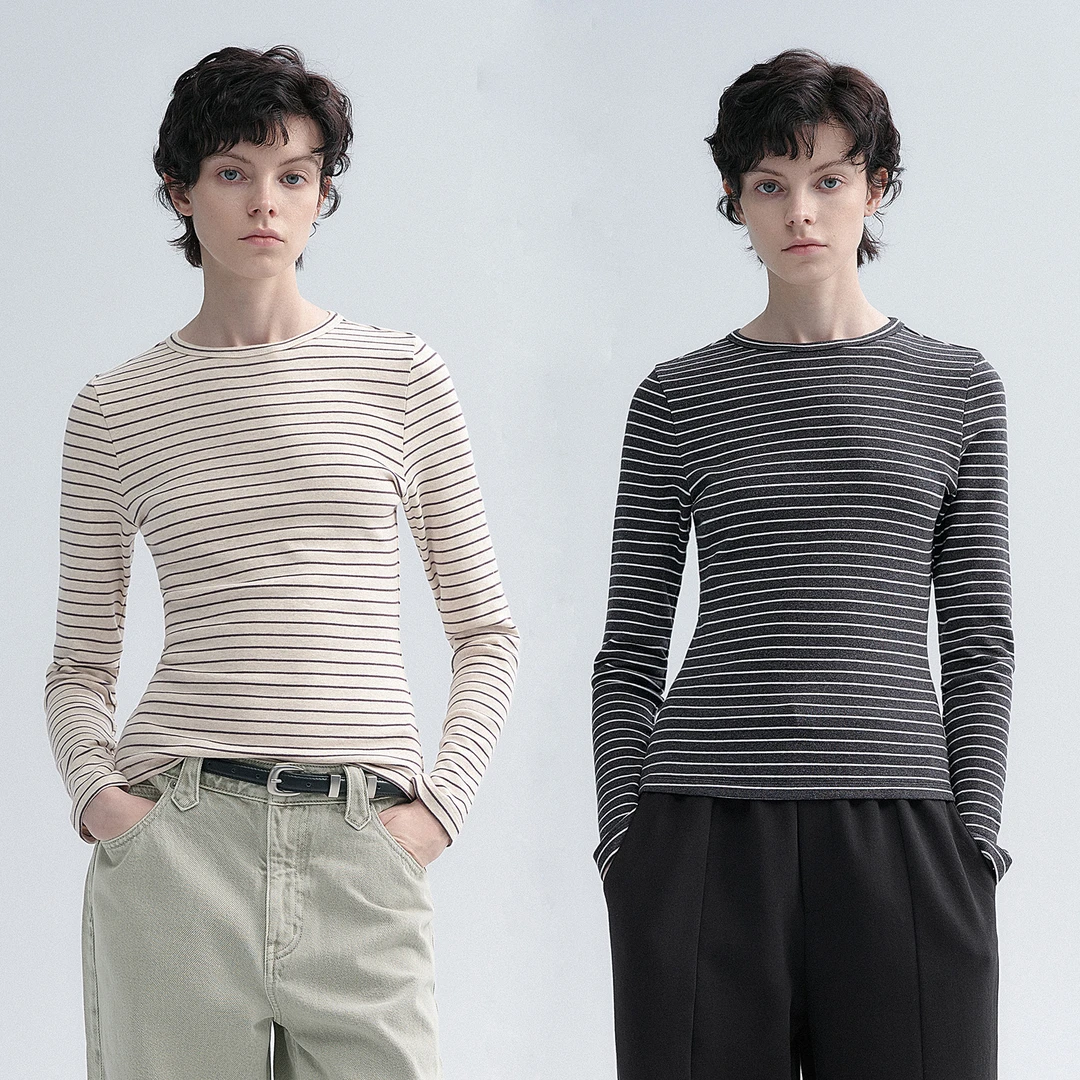 华吉言/HUAJIYAN【回音】棉氨混纺撞色条纹针织修身圆领长袖上衣