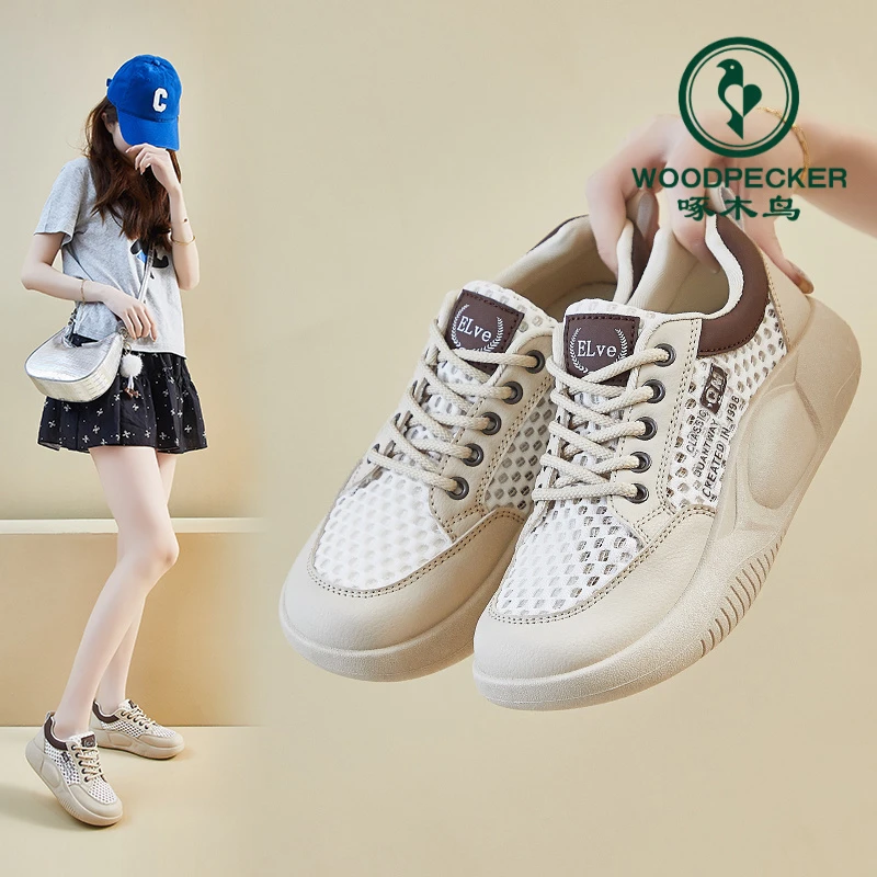 啄木鸟2025夏季小白鞋新款韩版ins女网面透气增高休闲鞋板鞋
