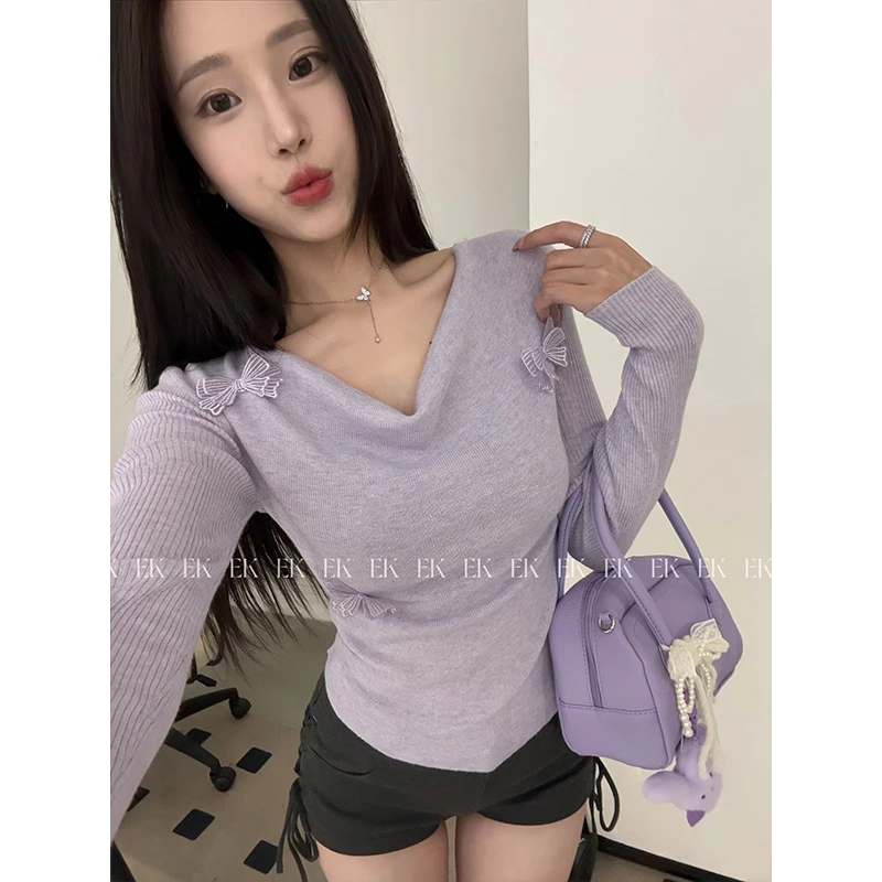 EK【玫瑰慕斯】2025荡领针织衫女设计感小众修身显瘦打底上衣3261