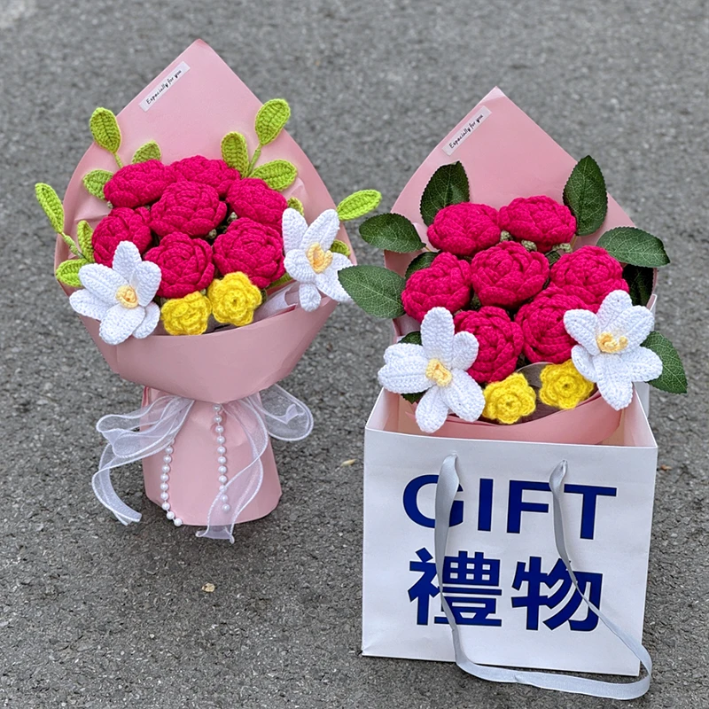 广志送美伢同款爱情花束成品手工针织玫瑰毛线花生日礼物送女朋友