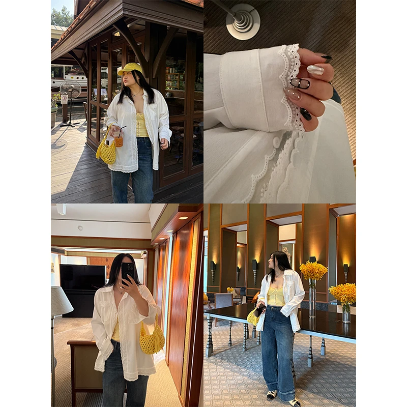 铅笔小鑫大码女装 早春韩系温柔开衫穿搭  蕾丝花边防晒衬衫显瘦