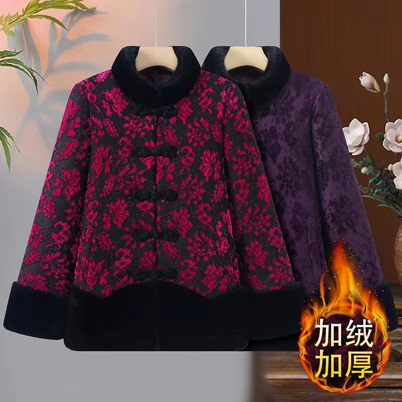 冬季大码中老年中式复古棉衣外套民族风盘扣植物花卉中老年女装