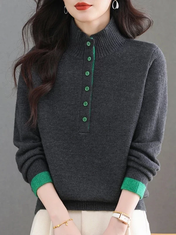 高品质秋冬新款修身百搭上衣羊毛休闲拼色打底衫3087