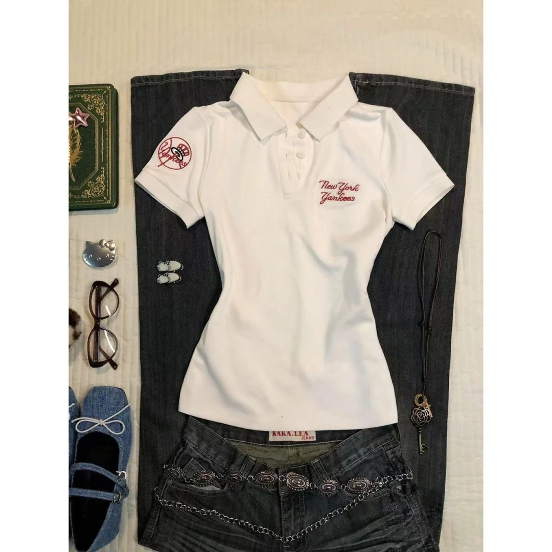 美式复古POLO领字母刺绣短袖T恤女夏季正肩小个子修身收腰上衣ins