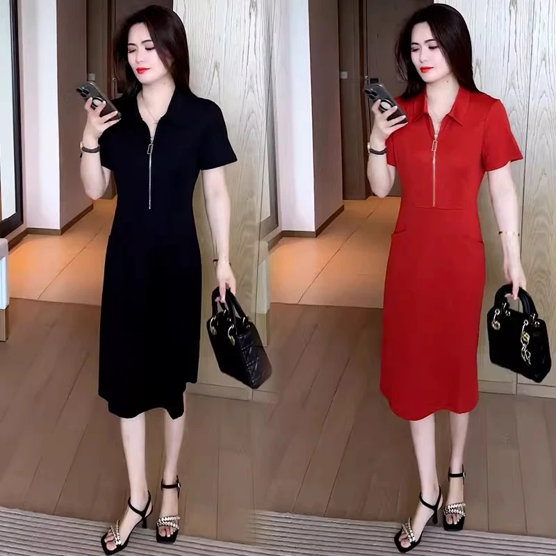 时尚新款连衣裙女2025夏季洋气显瘦翻领拉链中长款休闲减龄裙子潮