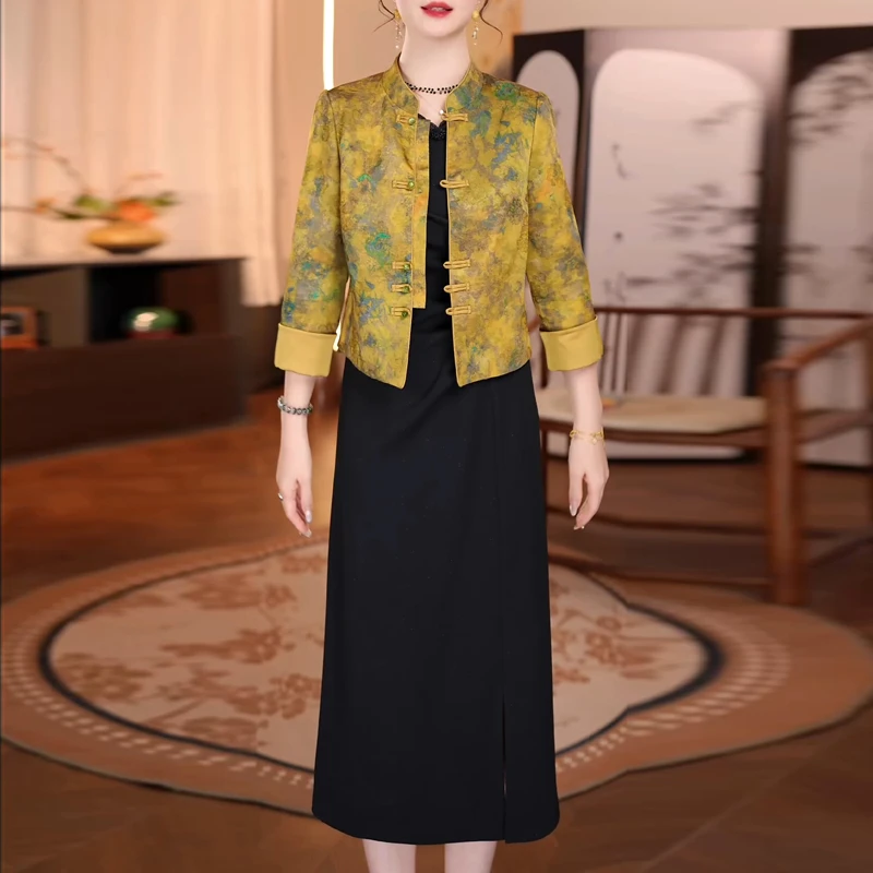 高档新中式盘扣外套连衣裙两件套女2025早秋新款喜婆婆婚宴礼服裙